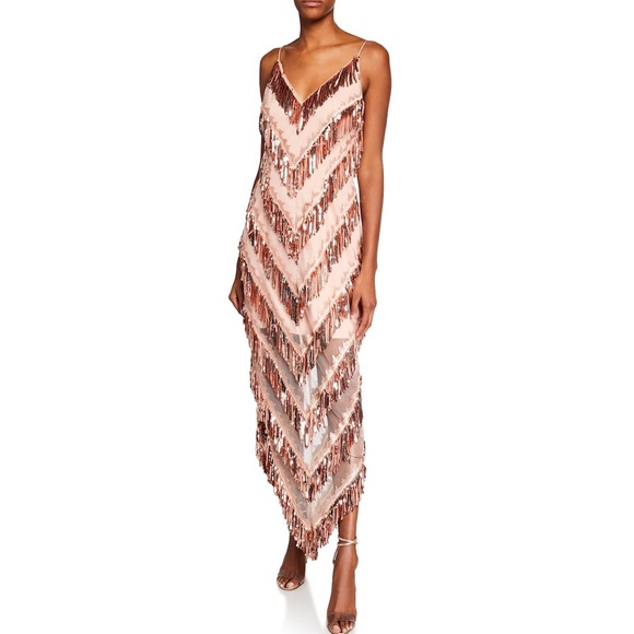 AIDAN MATTOX Sequin Fringe VNeck Embroidered Dress - Picture 2 of 4